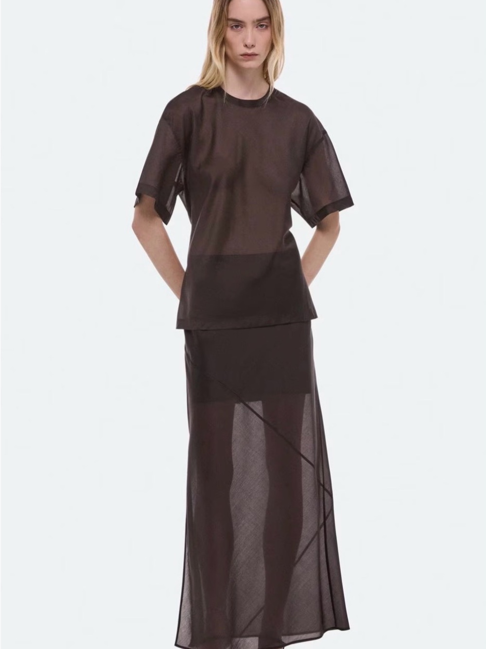 Helmut Lang Sheer Brown Short Sleeve Blouse